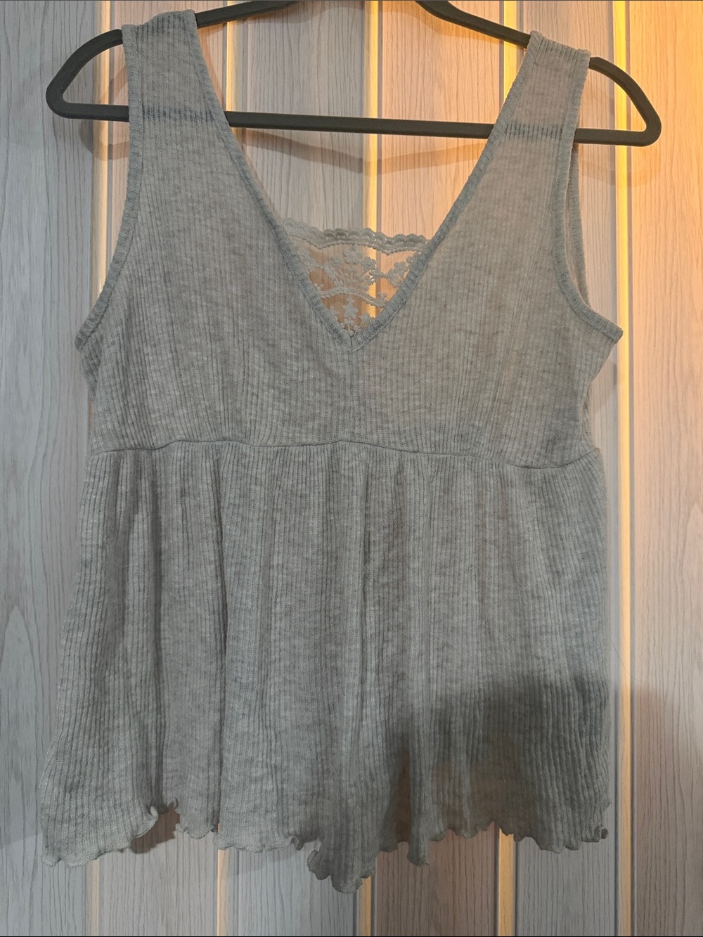 Maurices Light Gray Ribbed Lace-Trim Tank Top